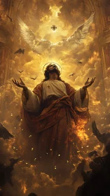 Radiant ascension scene bathes robed figure in divine light