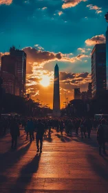 Urban crowd at sunset around tall city obelisk monument.