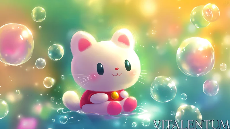 Whimsical White Cat Character Among Iridescent Bubbles.
