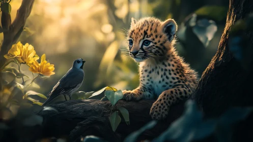 Tiny spotted diplomat negotiates peace with a garden bird