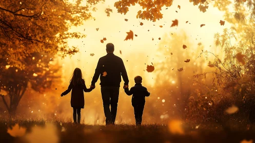 Golden autumn walk unites a parent and children in quiet joy