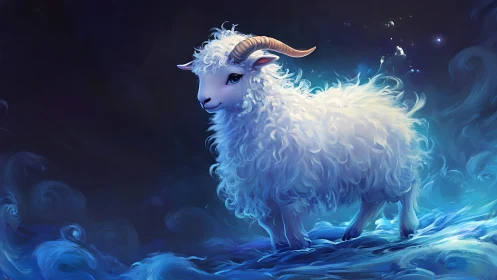 Starlit Cloud Goat Wandering Through Dreamy Blue Waves.