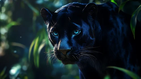 Black Panther with Iridescent Eyes in Jungle Setting.