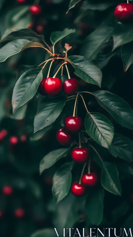 Ripe red cherries on leafy branches in natural soft light.
