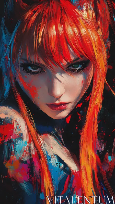 Fiery haired woman stares with intense teal eyes