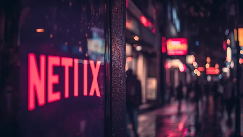 Neon storefront reflection isolates brand text in rainy night street