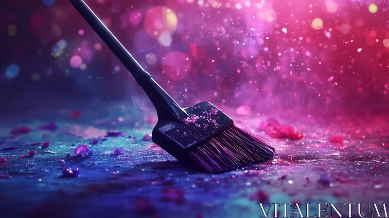 Broom head rests on colored debris under diffused lighting