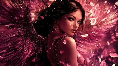 Crimson winged sorceress turns within swirling rose petals