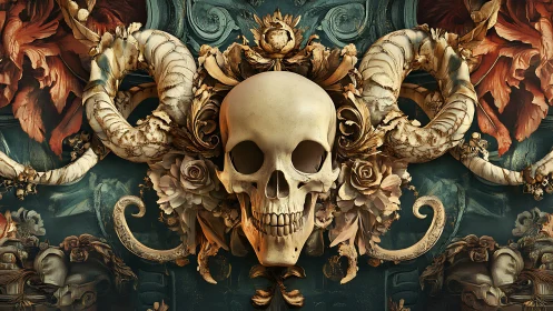 Human skull with ram horns and floral baroque ornamentation.