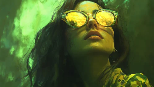 Sunlit reflections on dreamy green summer sunglasses portrait.