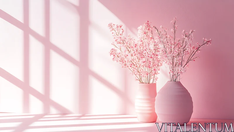 Monochrome pink vases with gypsophila under gridded daylight.