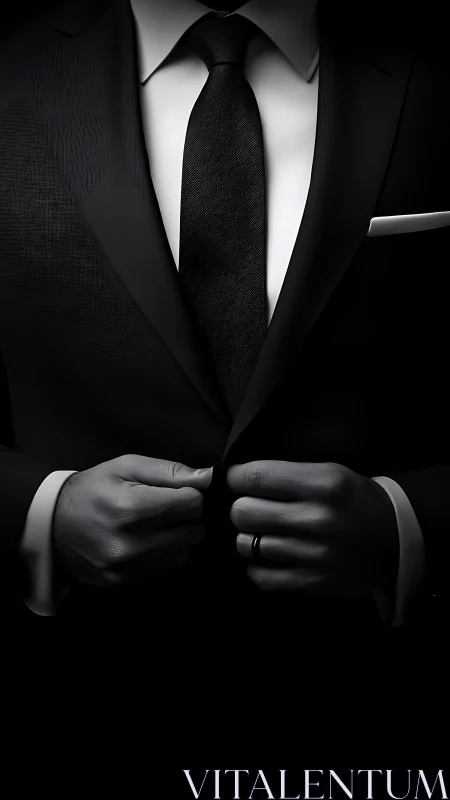 Sharp tailored suit in dramatic monochrome lighting.
