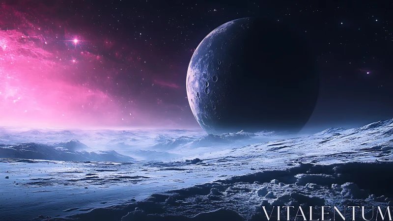 Icy exoplanet landscape with cratered moon and magenta nebula