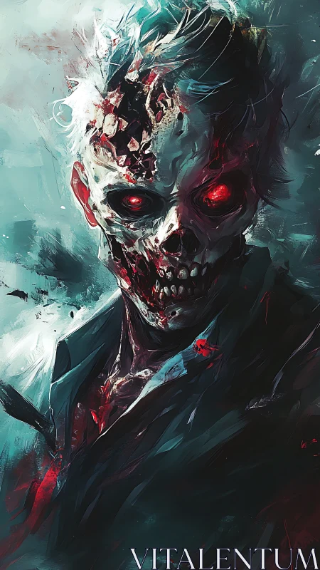 Undead humanoid portrait with exposed skull and red eyes.