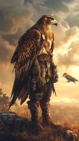 Hawk warrior stands watch above sunlit windswept plains.