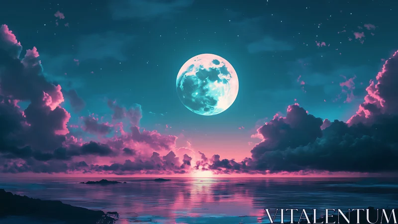 Moonlit ocean horizon under teal and pink clouds at dusk.