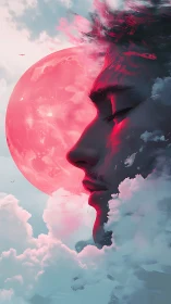 Dreamer profile merges with glowing crimson lunar halo.