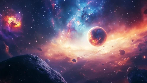 Planet in nebula-filled space with asteroids in foreground