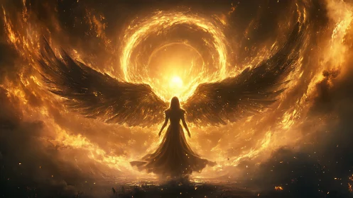 Seraphic shadow stands before blazing celestial vortex