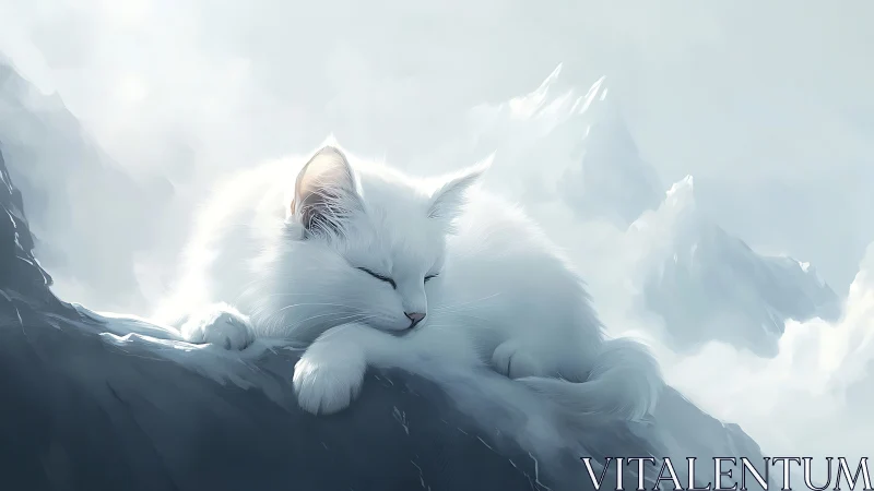 Serene White Cat Rests Atop Misty Mountain Peaks.