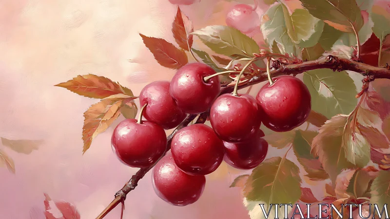 Ripe red cherries glow on a branch in dreamy pink light