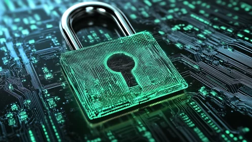 Holographic padlock overlays luminous circuit board, symbolizing data security