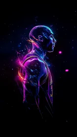 Neon-lit basketball legend emerges in cosmic profile glow.