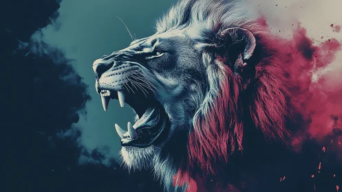 Roaring lion erupts through teal and crimson smoke clouds.