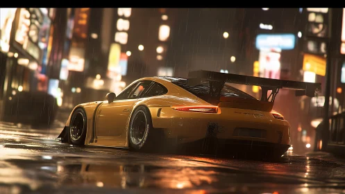 Yellow racing car on wet city street at night in rainfall.