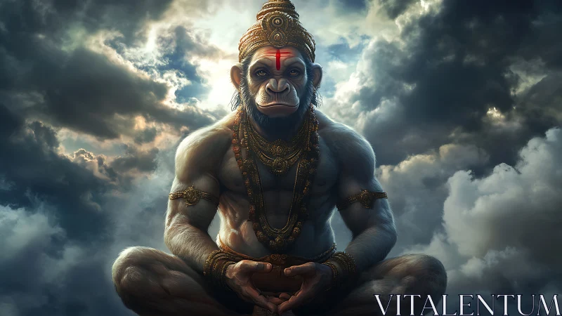 Monkey-headed deity sits cross-legged amid dramatic clouds