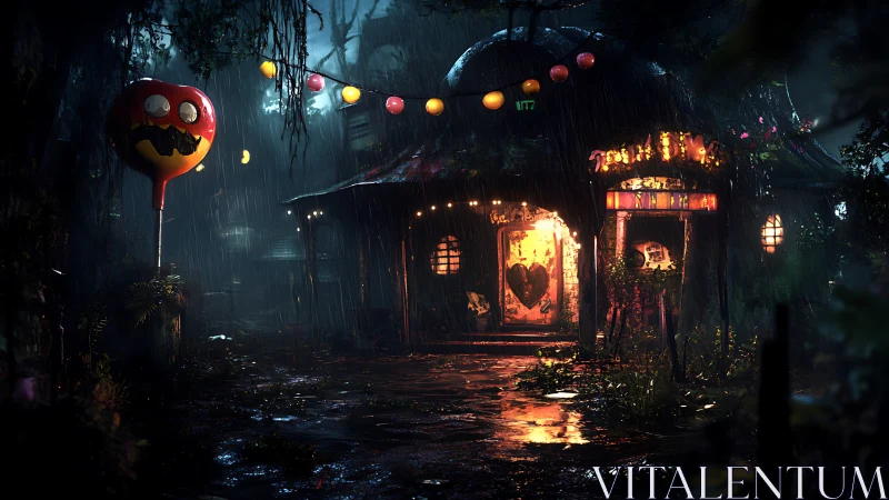 Dystopian Carnival Facade With Luminescent Jack-O-Lantern Signage.