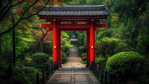 Red Japanese torii gate framing stone path in dense garden.