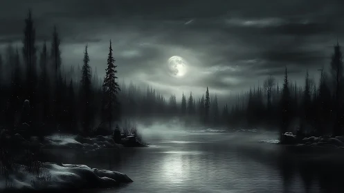 Lunar-illuminated boreal river under volumetric fog gradients.