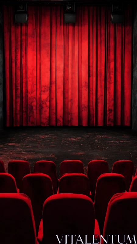 Empty theater with red curtain and aligned red seats.