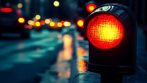 Urban red signal lamp with night traffic bokeh glow.