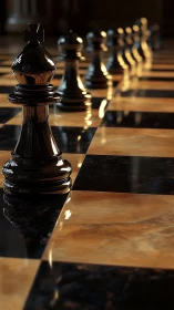 Gleaming black chess king stands ready on a polished board