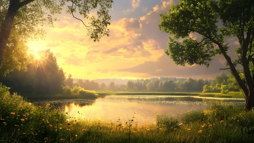 Golden sunset over calm forest lake with lush green shore.