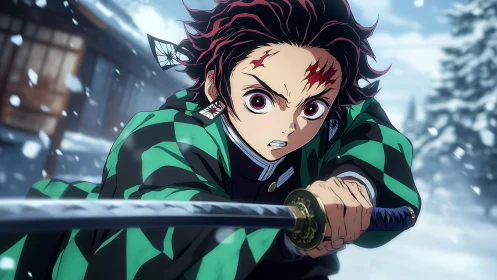 Determined anime swordsman charging through winter snow.