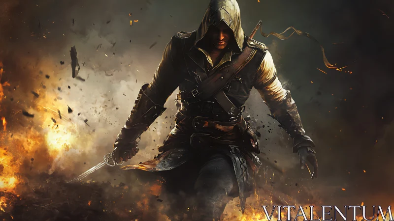 Hooded rogue advancing through blazing battlefield inferno.