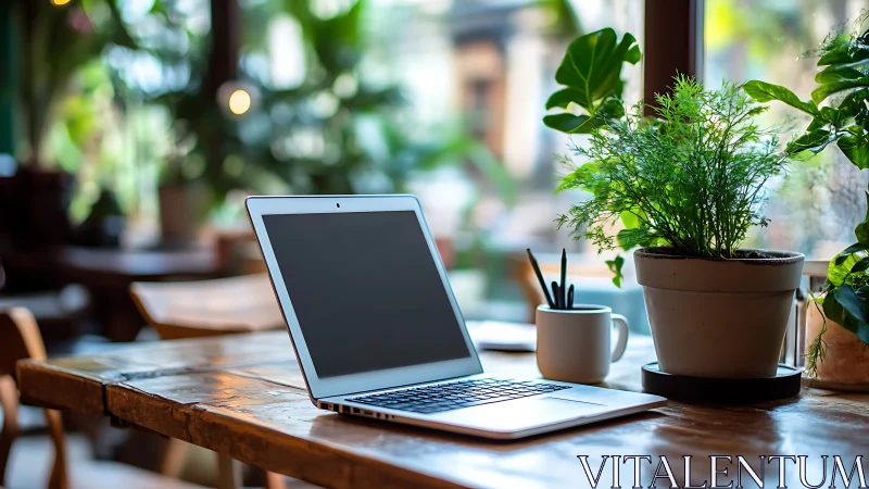 Cozy laptop nook with sunlit plants and calm workday vibes.
