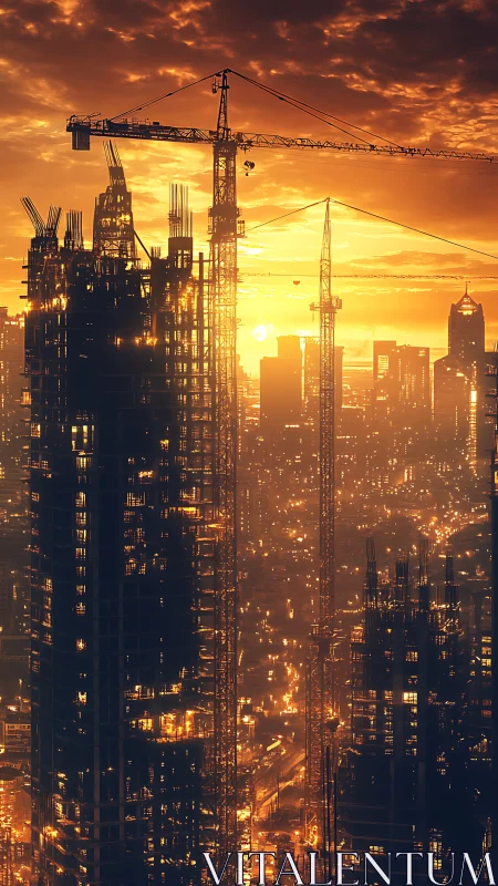 High rise construction cranes over dense city skyline at dusk.