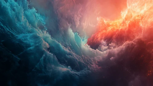 Cosmic tideclash where turquoise oceans kiss firestorms.