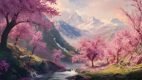 Blossoming mountain valley glowing in gentle spring light.