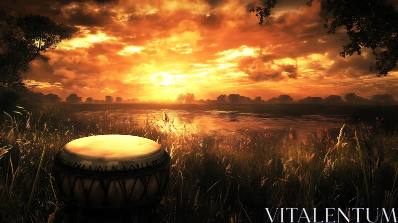 Hand drum in glowing sunset light beside calm riverbank.