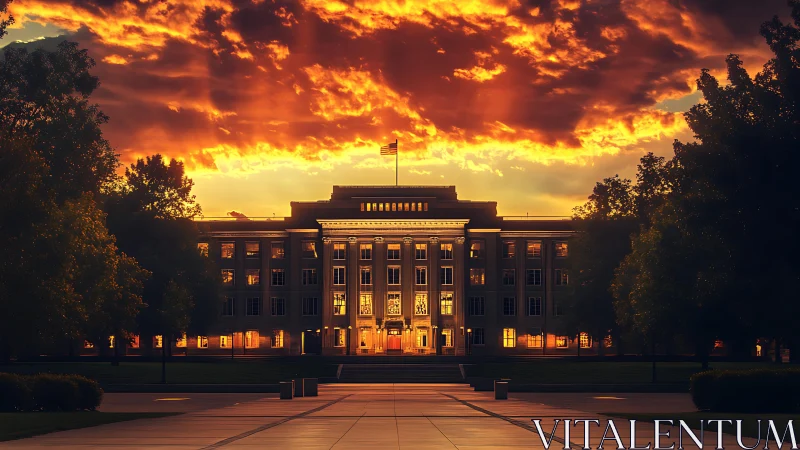 Neoclassical campus building stands lit beneath vivid clouds