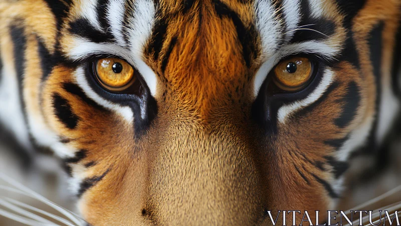 Close frontal view of tiger eyes and facial stripe pattern.