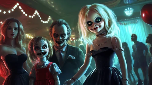 Sinister dolls dominate neon ballroom horror party scene
