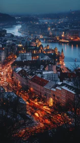 Midnight embers weave through a riverlit European old town.