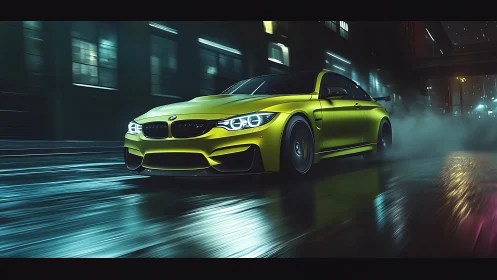 Neon yellow coupe racing through slick midnight city streets.