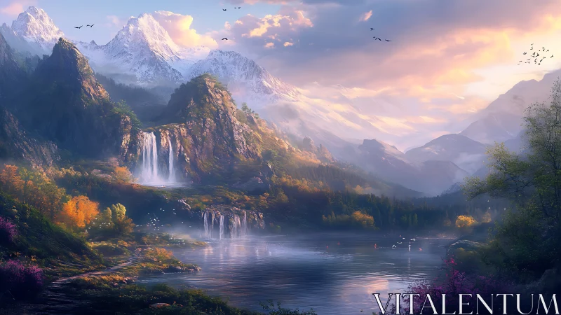 Multilayered alpine valley with cascades under spectral sky.